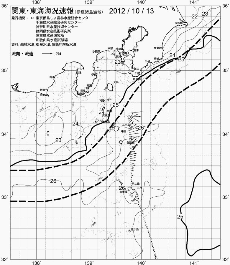 海況図, 関東・東海海況速報/伊豆諸島海域 検索結果, (黒潮, 水温分布, 冷水域, 暖水波及 等を図示)