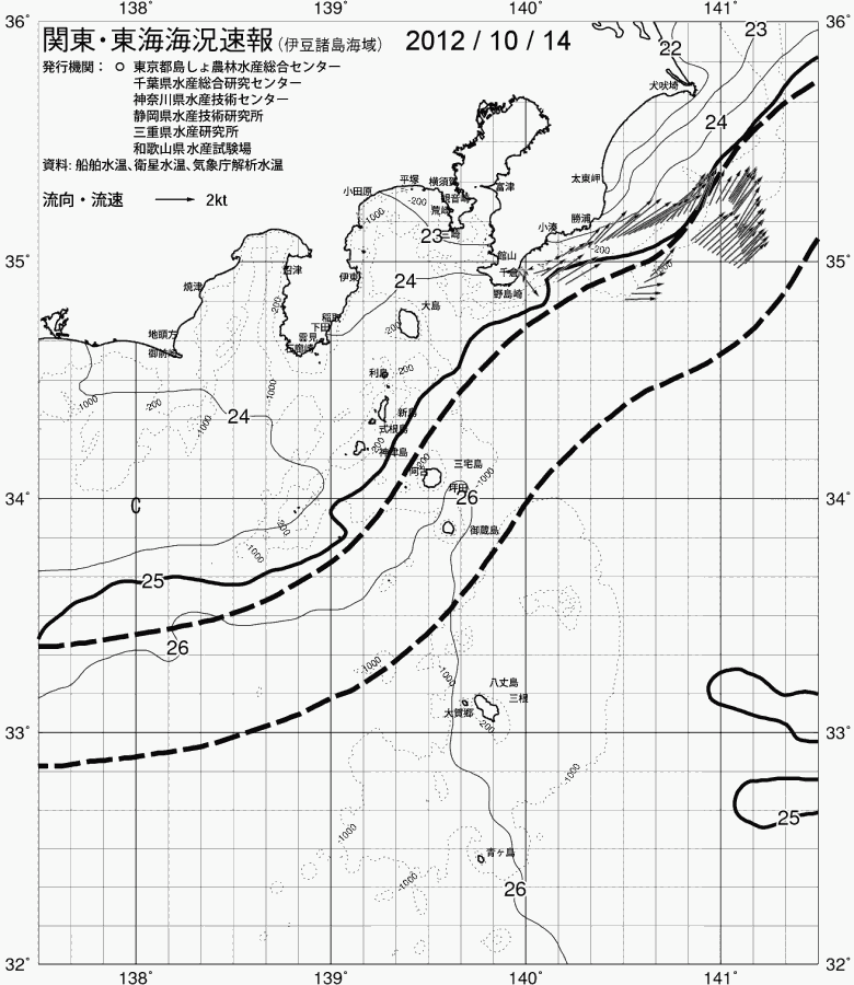 海況図, 関東・東海海況速報/伊豆諸島海域 検索結果, (黒潮, 水温分布, 冷水域, 暖水波及 等を図示)