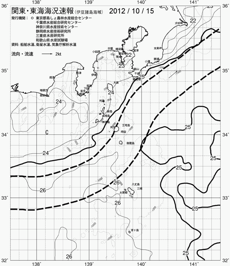 海況図, 関東・東海海況速報/伊豆諸島海域 検索結果, (黒潮, 水温分布, 冷水域, 暖水波及 等を図示)