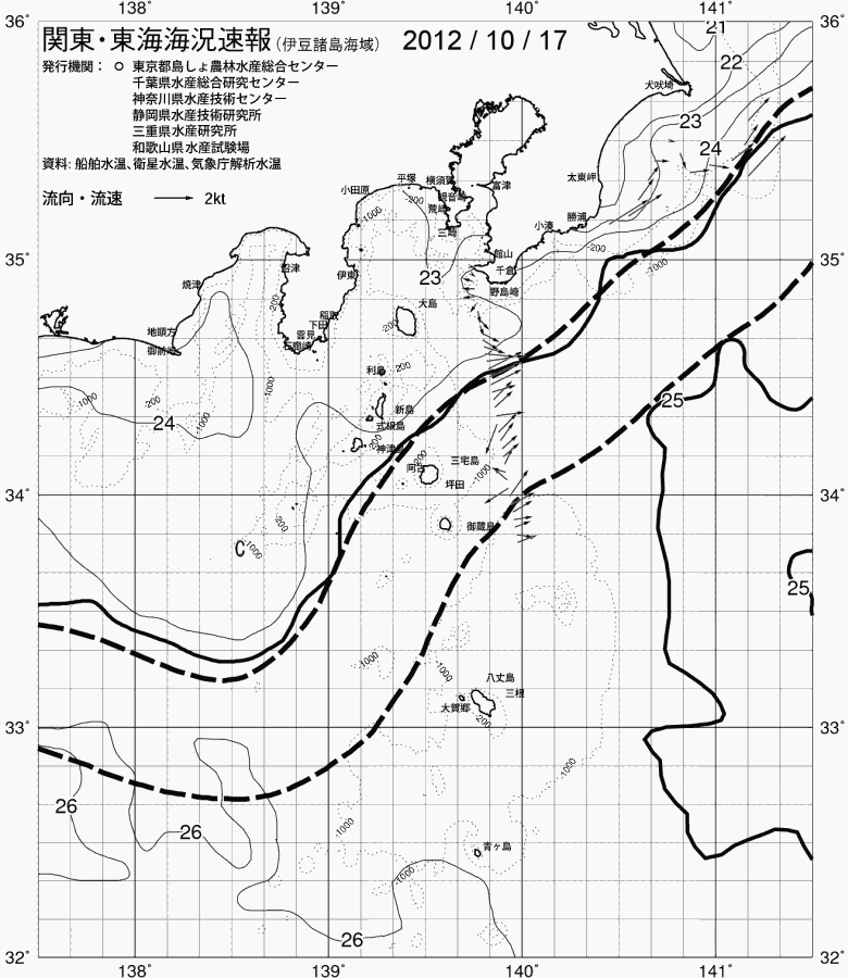 海況図, 関東・東海海況速報/伊豆諸島海域 検索結果, (黒潮, 水温分布, 冷水域, 暖水波及 等を図示)