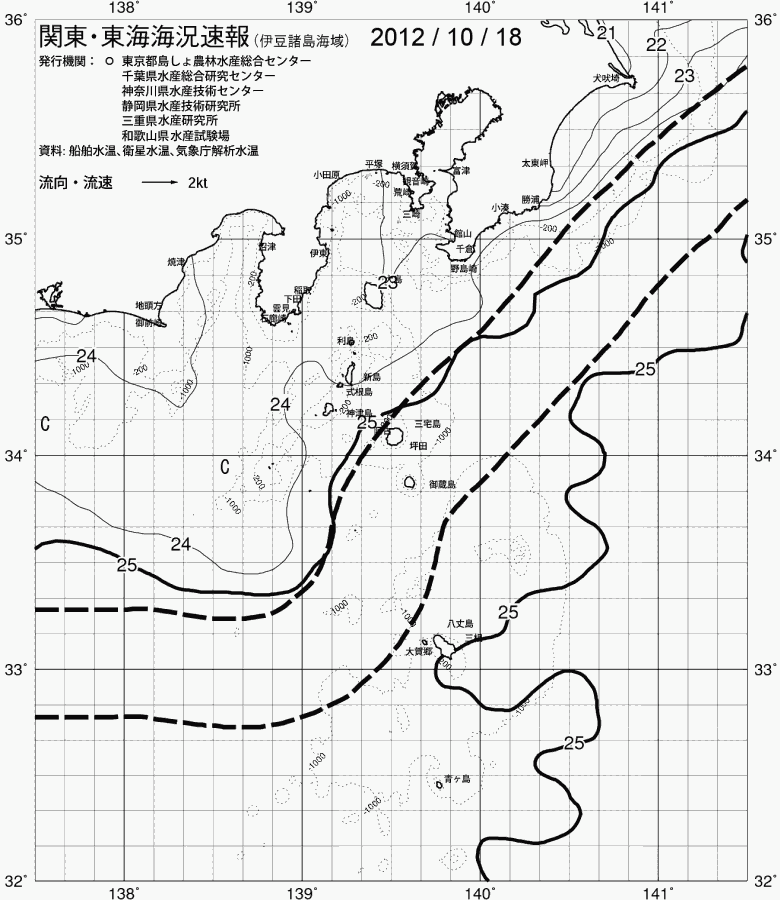 海況図, 関東・東海海況速報/伊豆諸島海域 検索結果, (黒潮, 水温分布, 冷水域, 暖水波及 等を図示)