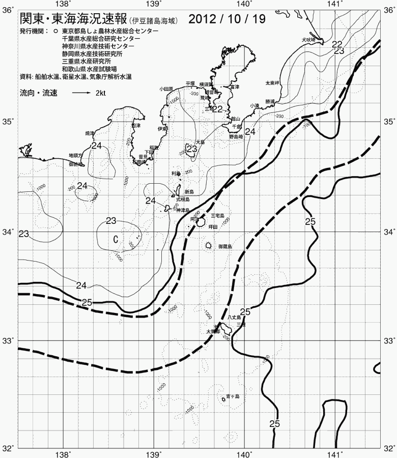 海況図, 関東・東海海況速報/伊豆諸島海域 検索結果, (黒潮, 水温分布, 冷水域, 暖水波及 等を図示)