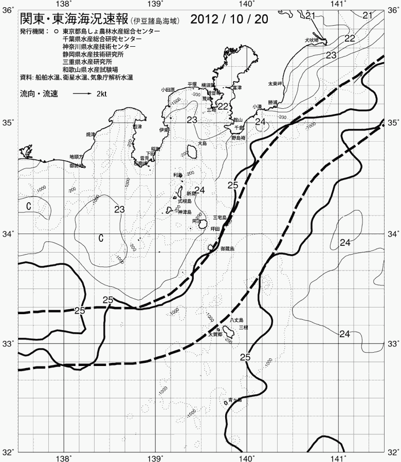 海況図, 関東・東海海況速報/伊豆諸島海域 検索結果, (黒潮, 水温分布, 冷水域, 暖水波及 等を図示)