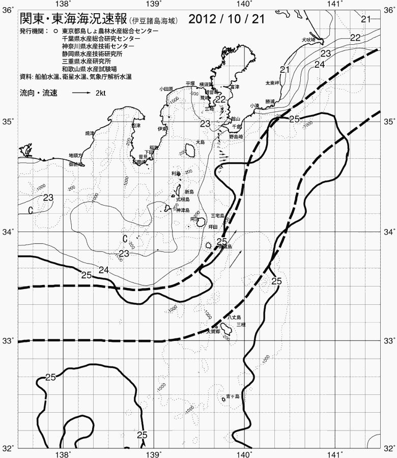 海況図, 関東・東海海況速報/伊豆諸島海域 検索結果, (黒潮, 水温分布, 冷水域, 暖水波及 等を図示)