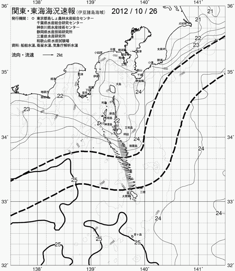 海況図, 関東・東海海況速報/伊豆諸島海域 検索結果, (黒潮, 水温分布, 冷水域, 暖水波及 等を図示)