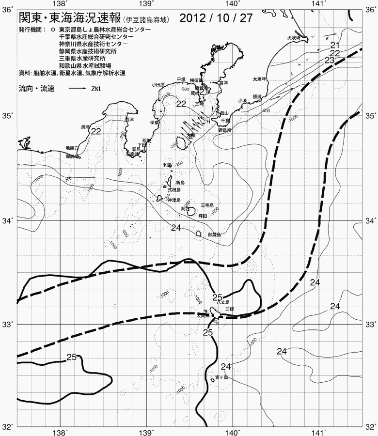 海況図, 関東・東海海況速報/伊豆諸島海域 検索結果, (黒潮, 水温分布, 冷水域, 暖水波及 等を図示)