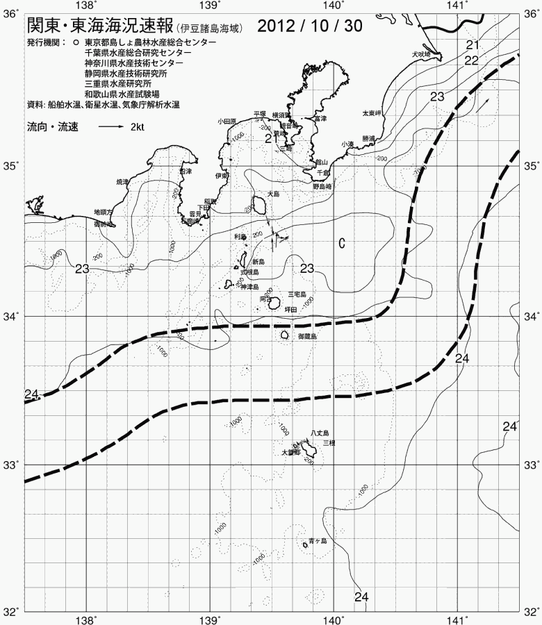 海況図, 関東・東海海況速報/伊豆諸島海域 検索結果, (黒潮, 水温分布, 冷水域, 暖水波及 等を図示)