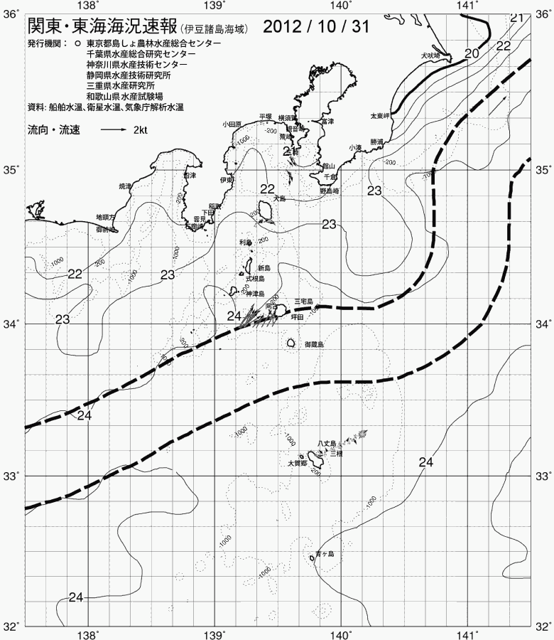 海況図, 関東・東海海況速報/伊豆諸島海域 検索結果, (黒潮, 水温分布, 冷水域, 暖水波及 等を図示)