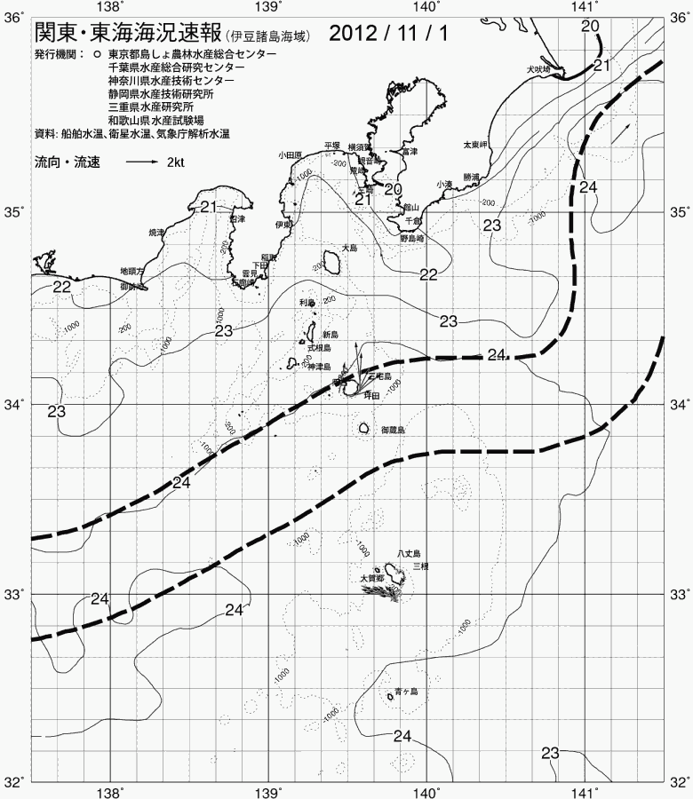 海況図, 関東・東海海況速報/伊豆諸島海域 検索結果, (黒潮, 水温分布, 冷水域, 暖水波及 等を図示)