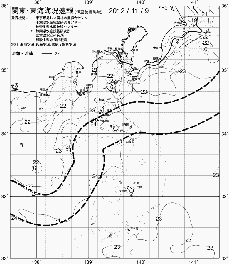 海況図, 関東・東海海況速報/伊豆諸島海域 検索結果, (黒潮, 水温分布, 冷水域, 暖水波及 等を図示)