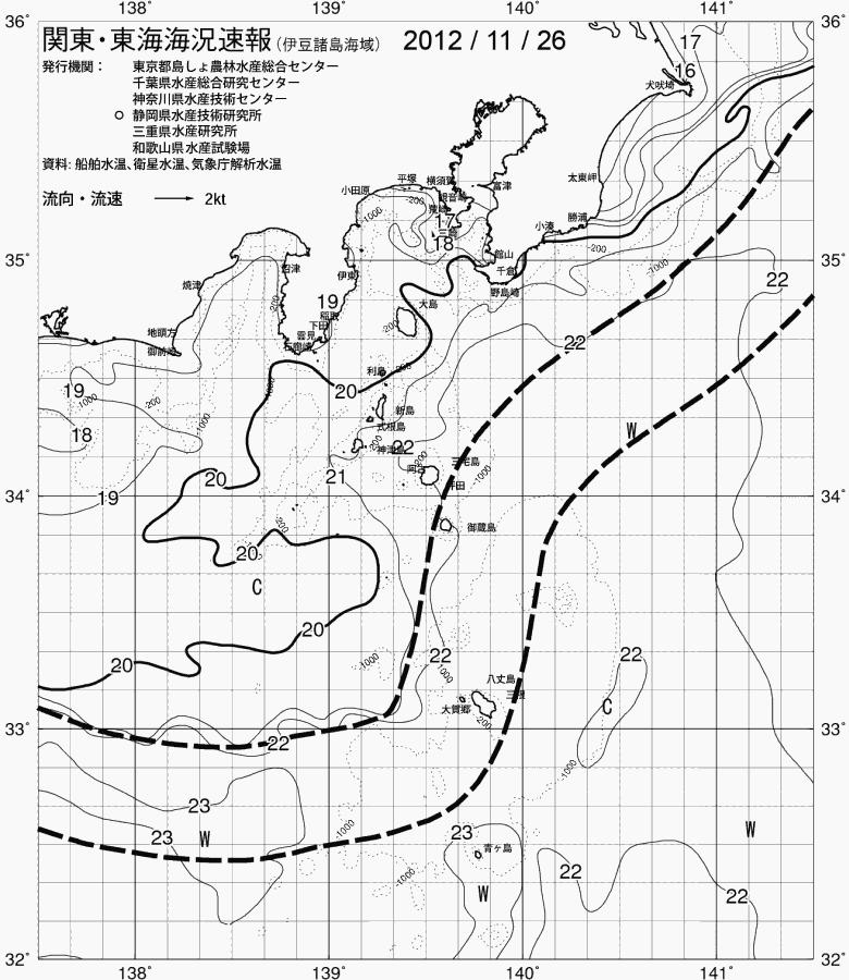 海況図, 関東・東海海況速報/伊豆諸島海域 検索結果, (黒潮, 水温分布, 冷水域, 暖水波及 等を図示)