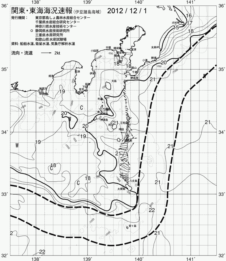 海況図, 関東・東海海況速報/伊豆諸島海域 検索結果, (黒潮, 水温分布, 冷水域, 暖水波及 等を図示)