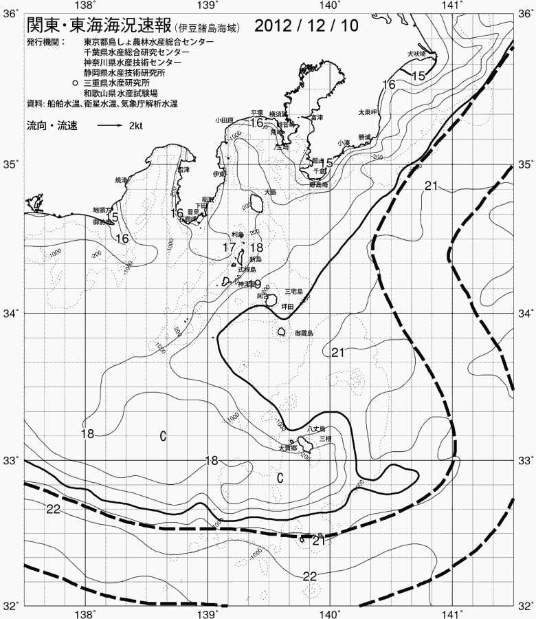 海況図, 関東・東海海況速報/伊豆諸島海域 検索結果, (黒潮, 水温分布, 冷水域, 暖水波及 等を図示)