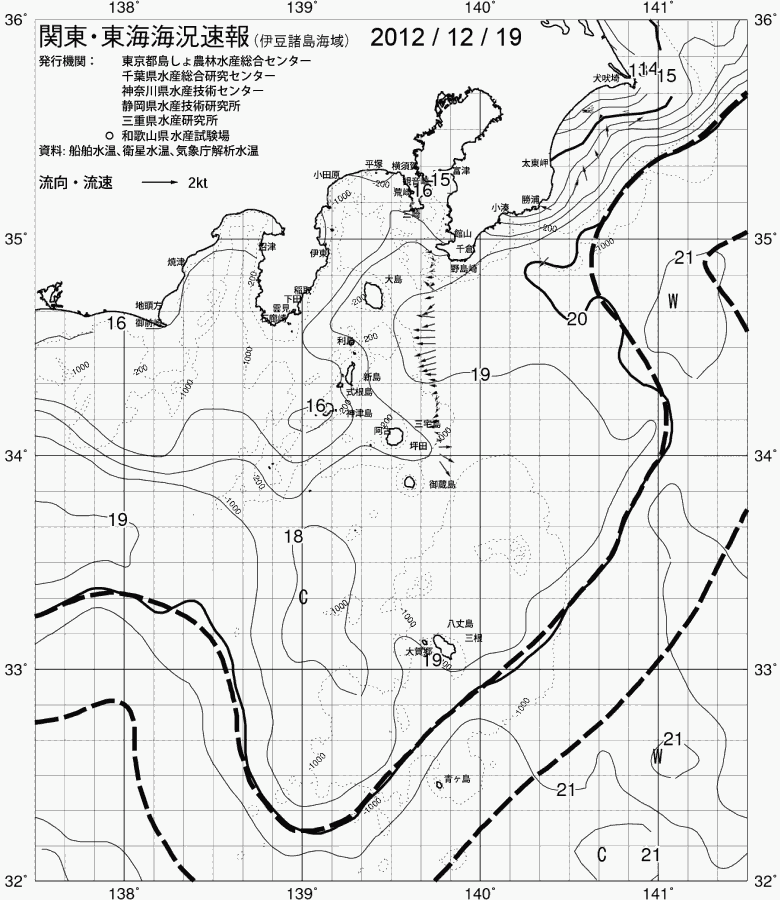 海況図, 関東・東海海況速報/伊豆諸島海域 検索結果, (黒潮, 水温分布, 冷水域, 暖水波及 等を図示)