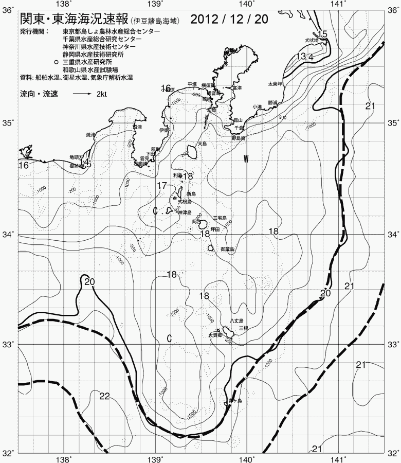 海況図, 関東・東海海況速報/伊豆諸島海域 検索結果, (黒潮, 水温分布, 冷水域, 暖水波及 等を図示)