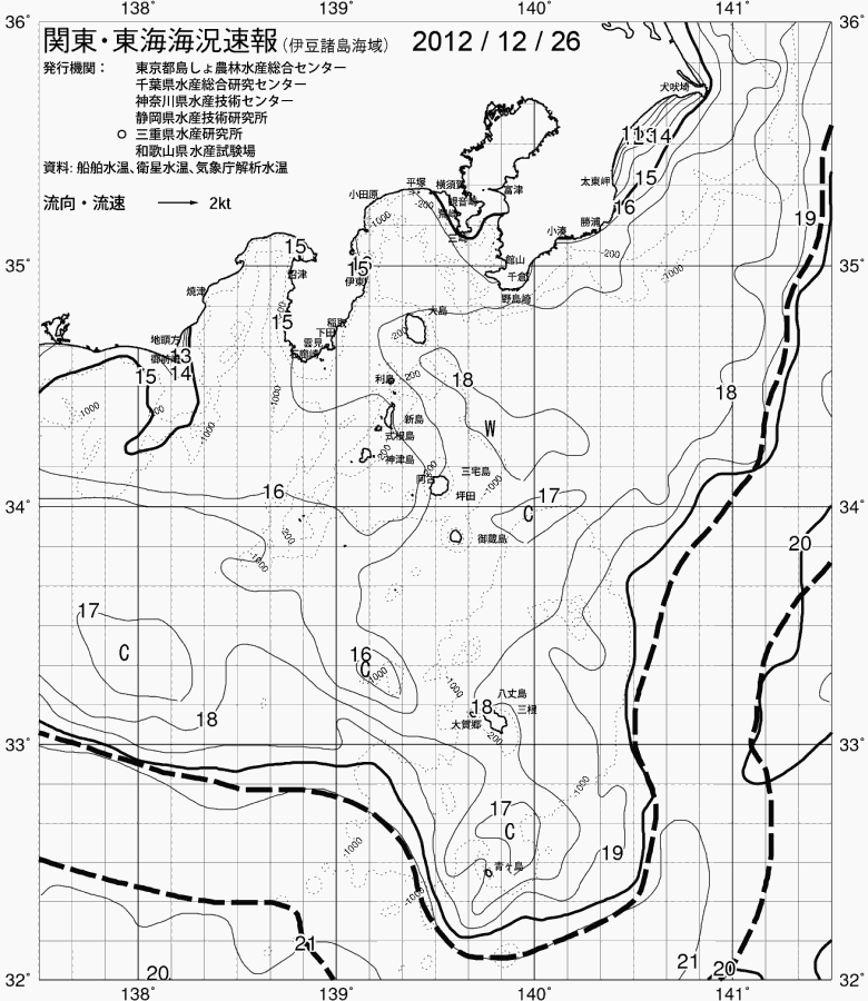 海況図, 関東・東海海況速報/伊豆諸島海域 検索結果, (黒潮, 水温分布, 冷水域, 暖水波及 等を図示)