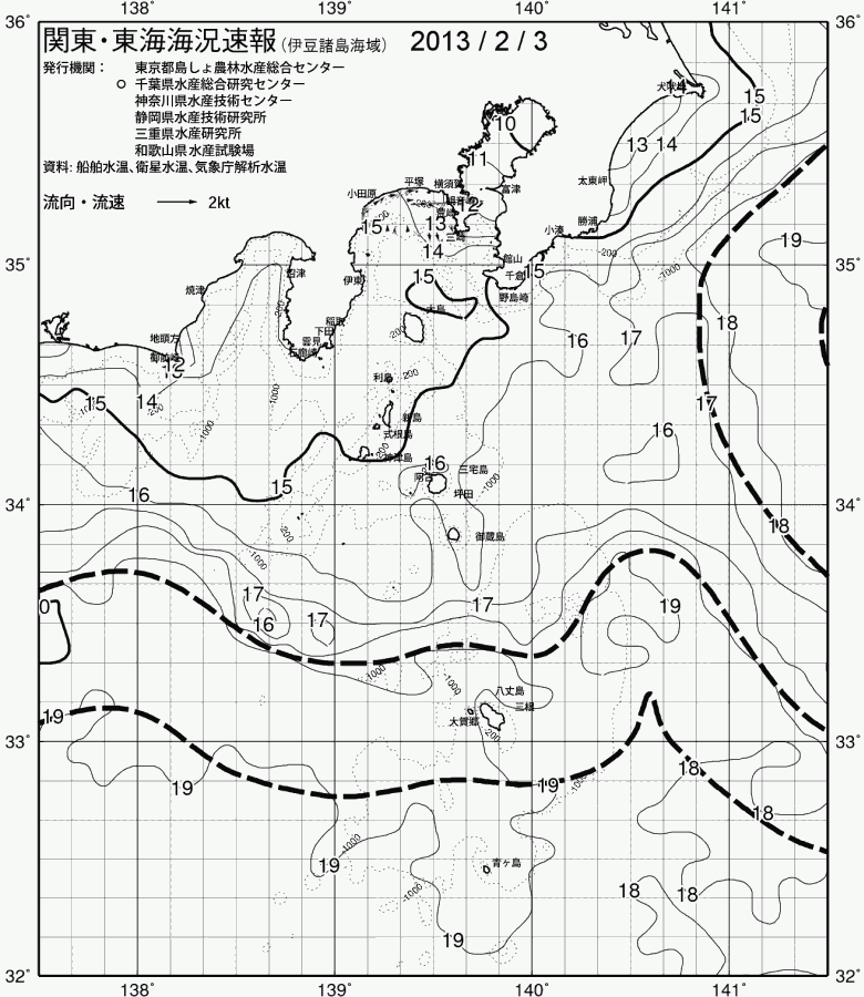 海況図, 関東・東海海況速報/伊豆諸島海域 検索結果, (黒潮, 水温分布, 冷水域, 暖水波及 等を図示)