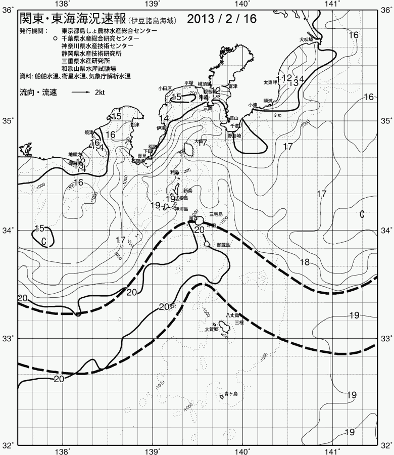 海況図, 関東・東海海況速報/伊豆諸島海域 検索結果, (黒潮, 水温分布, 冷水域, 暖水波及 等を図示)