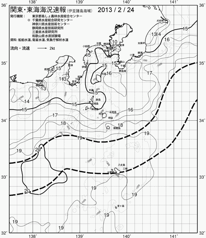 海況図, 関東・東海海況速報/伊豆諸島海域 検索結果, (黒潮, 水温分布, 冷水域, 暖水波及 等を図示)