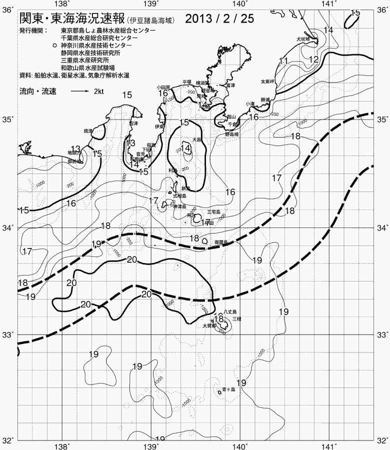 海況図, 関東・東海海況速報/伊豆諸島海域 検索結果, (黒潮, 水温分布, 冷水域, 暖水波及 等を図示)