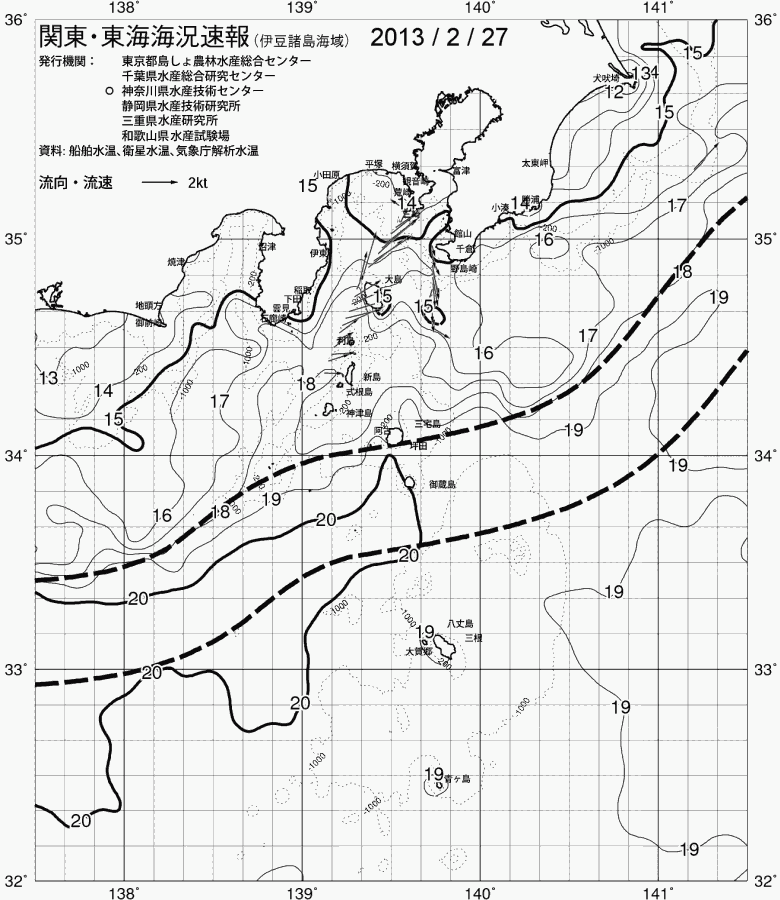 海況図, 関東・東海海況速報/伊豆諸島海域 検索結果, (黒潮, 水温分布, 冷水域, 暖水波及 等を図示)
