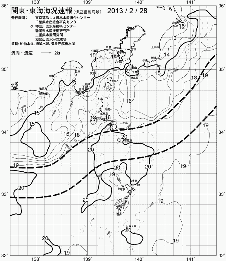 海況図, 関東・東海海況速報/伊豆諸島海域 検索結果, (黒潮, 水温分布, 冷水域, 暖水波及 等を図示)