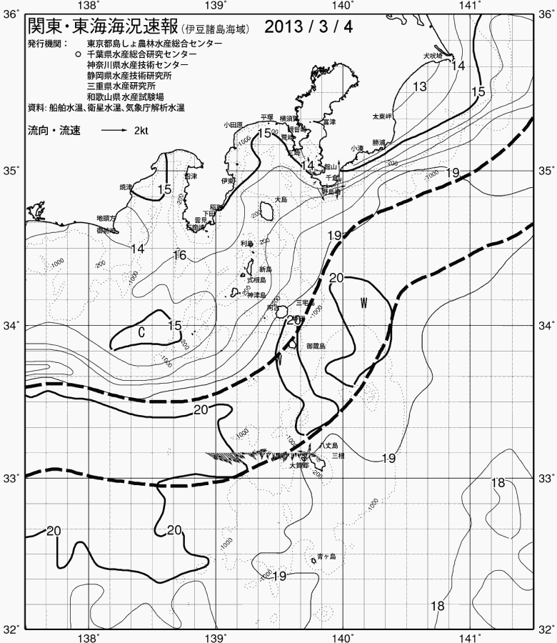 海況図, 関東・東海海況速報/伊豆諸島海域 検索結果, (黒潮, 水温分布, 冷水域, 暖水波及 等を図示)
