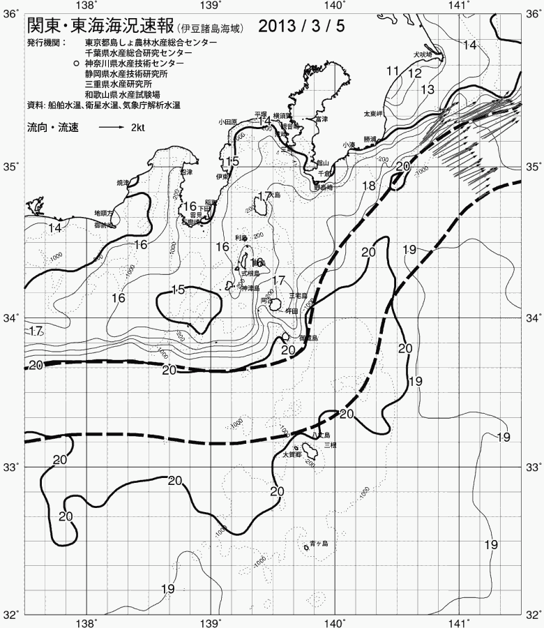 海況図, 関東・東海海況速報/伊豆諸島海域 検索結果, (黒潮, 水温分布, 冷水域, 暖水波及 等を図示)