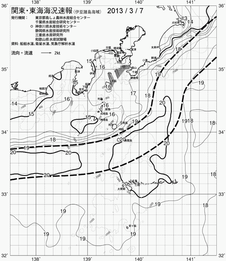 海況図, 関東・東海海況速報/伊豆諸島海域 検索結果, (黒潮, 水温分布, 冷水域, 暖水波及 等を図示)