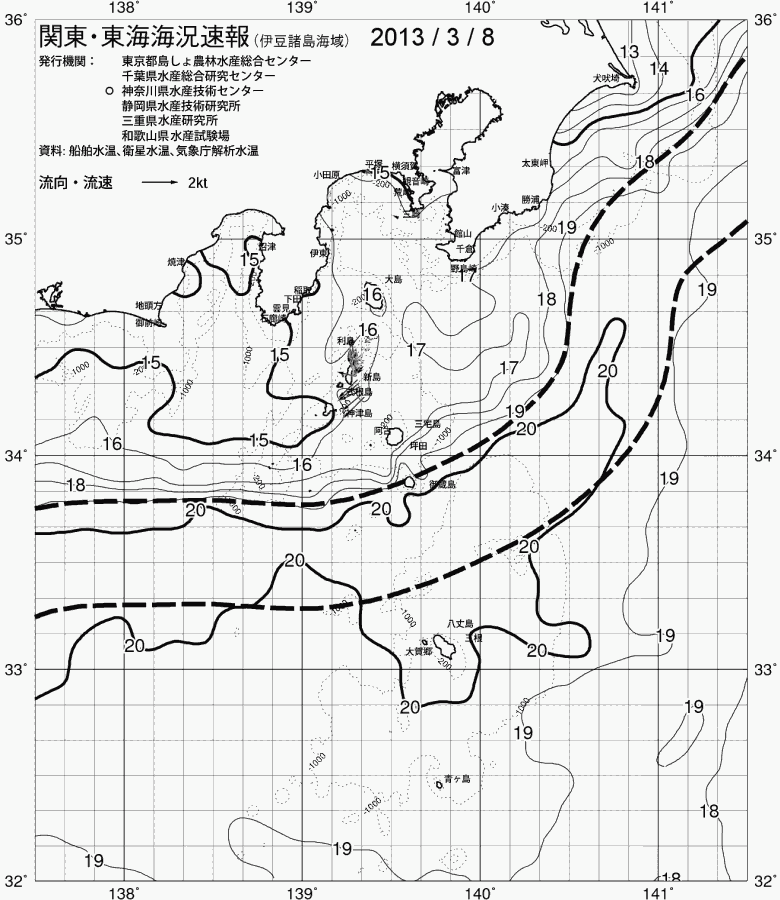 海況図, 関東・東海海況速報/伊豆諸島海域 検索結果, (黒潮, 水温分布, 冷水域, 暖水波及 等を図示)