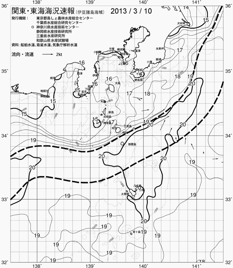 海況図, 関東・東海海況速報/伊豆諸島海域 検索結果, (黒潮, 水温分布, 冷水域, 暖水波及 等を図示)