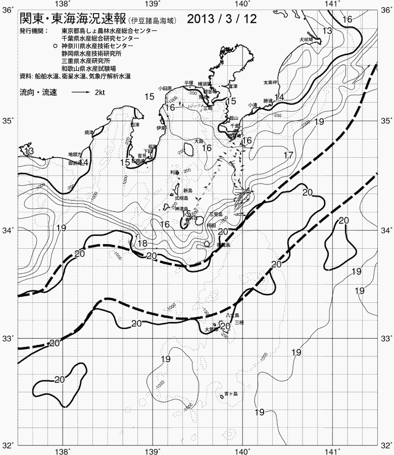 海況図, 関東・東海海況速報/伊豆諸島海域 検索結果, (黒潮, 水温分布, 冷水域, 暖水波及 等を図示)