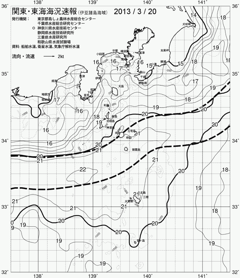 海況図, 関東・東海海況速報/伊豆諸島海域 検索結果, (黒潮, 水温分布, 冷水域, 暖水波及 等を図示)