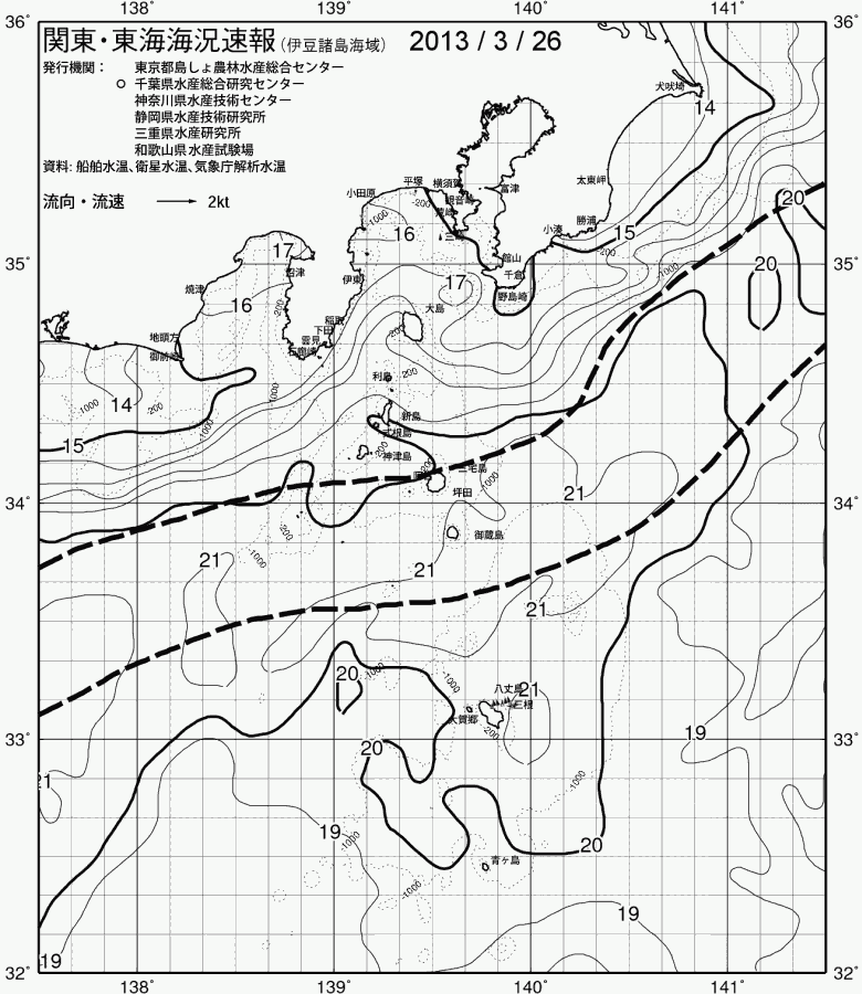 海況図, 関東・東海海況速報/伊豆諸島海域 検索結果, (黒潮, 水温分布, 冷水域, 暖水波及 等を図示)