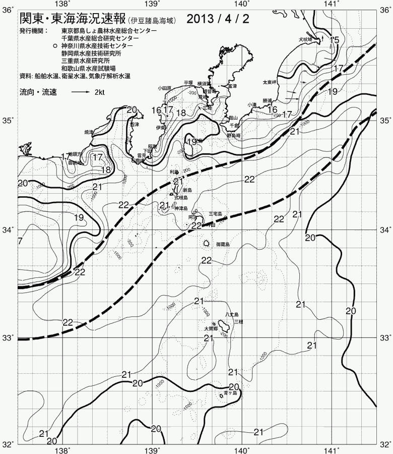 海況図, 関東・東海海況速報/伊豆諸島海域 検索結果, (黒潮, 水温分布, 冷水域, 暖水波及 等を図示)
