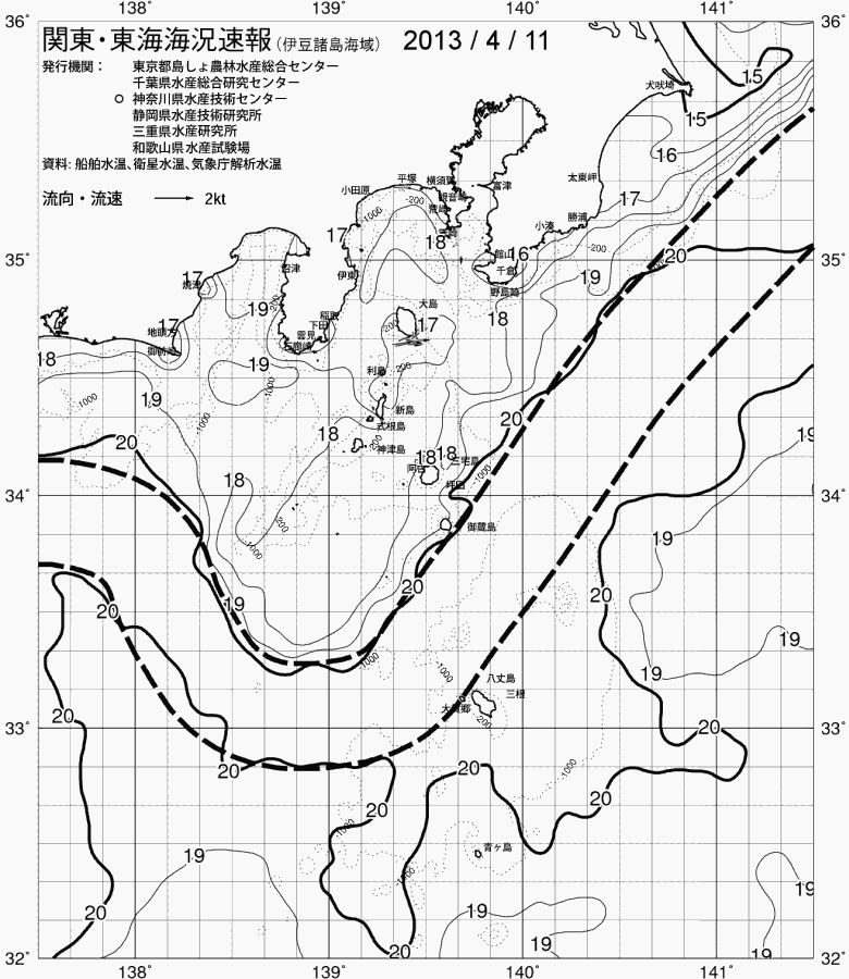 海況図, 関東・東海海況速報/伊豆諸島海域 検索結果, (黒潮, 水温分布, 冷水域, 暖水波及 等を図示)