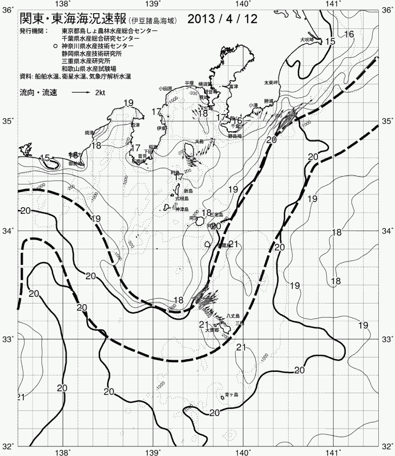 海況図, 関東・東海海況速報/伊豆諸島海域 検索結果, (黒潮, 水温分布, 冷水域, 暖水波及 等を図示)