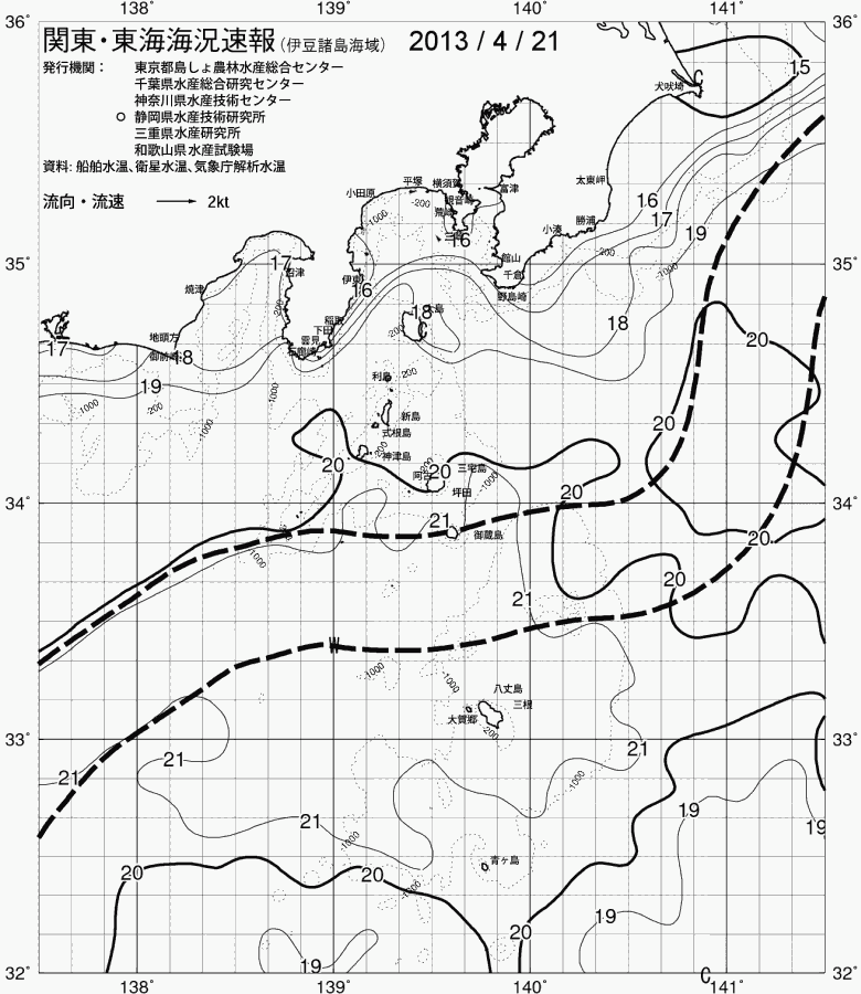 海況図, 関東・東海海況速報/伊豆諸島海域 検索結果, (黒潮, 水温分布, 冷水域, 暖水波及 等を図示)