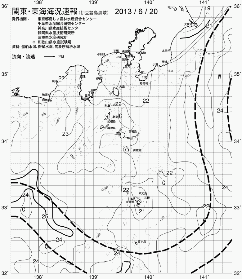 海況図, 関東・東海海況速報/伊豆諸島海域 検索結果, (黒潮, 水温分布, 冷水域, 暖水波及 等を図示)