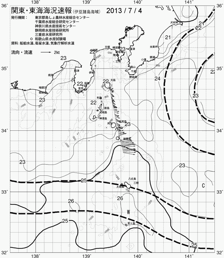 海況図, 関東・東海海況速報/伊豆諸島海域 検索結果, (黒潮, 水温分布, 冷水域, 暖水波及 等を図示)