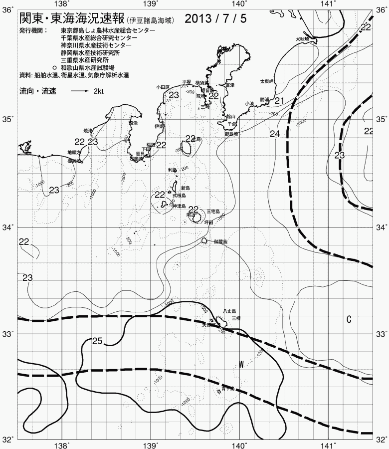 海況図, 関東・東海海況速報/伊豆諸島海域 検索結果, (黒潮, 水温分布, 冷水域, 暖水波及 等を図示)