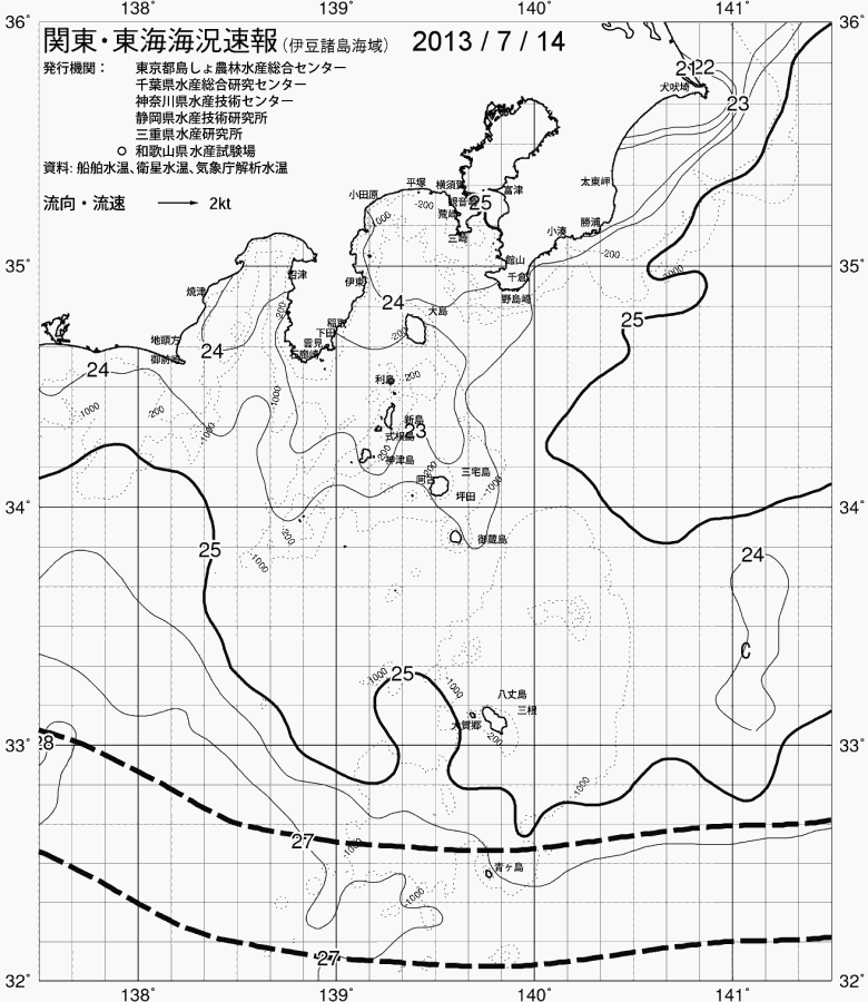 海況図, 関東・東海海況速報/伊豆諸島海域 検索結果, (黒潮, 水温分布, 冷水域, 暖水波及 等を図示)