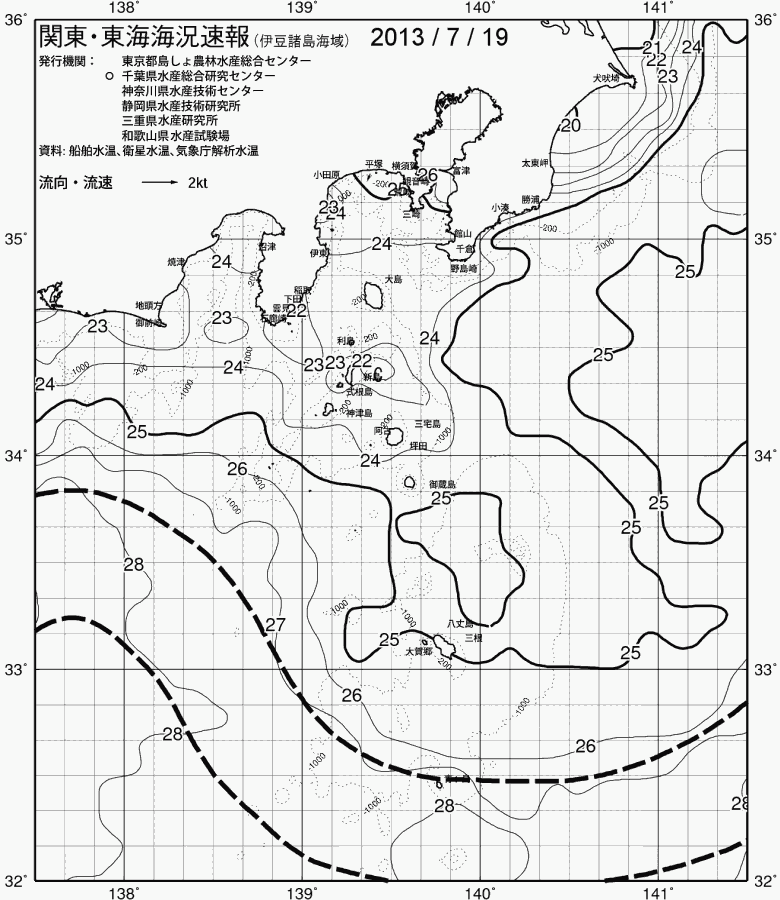 海況図, 関東・東海海況速報/伊豆諸島海域 検索結果, (黒潮, 水温分布, 冷水域, 暖水波及 等を図示)