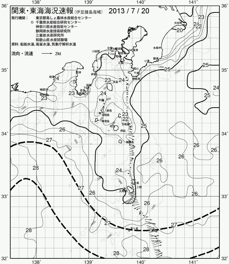 海況図, 関東・東海海況速報/伊豆諸島海域 検索結果, (黒潮, 水温分布, 冷水域, 暖水波及 等を図示)