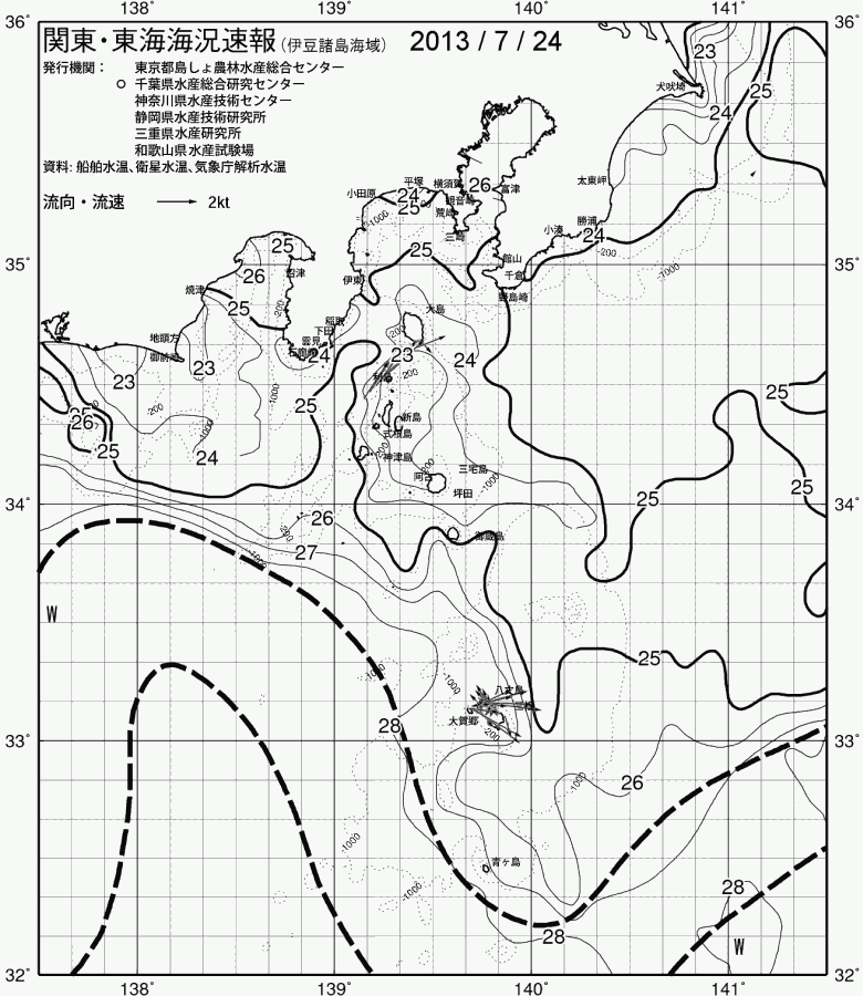 海況図, 関東・東海海況速報/伊豆諸島海域 検索結果, (黒潮, 水温分布, 冷水域, 暖水波及 等を図示)