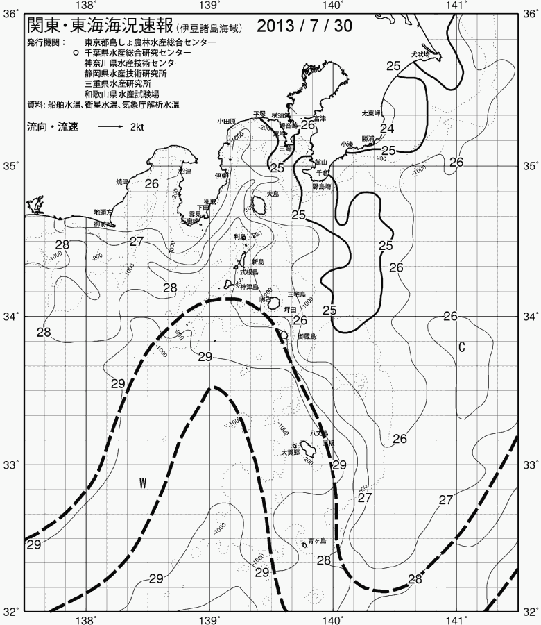 海況図, 関東・東海海況速報/伊豆諸島海域 検索結果, (黒潮, 水温分布, 冷水域, 暖水波及 等を図示)