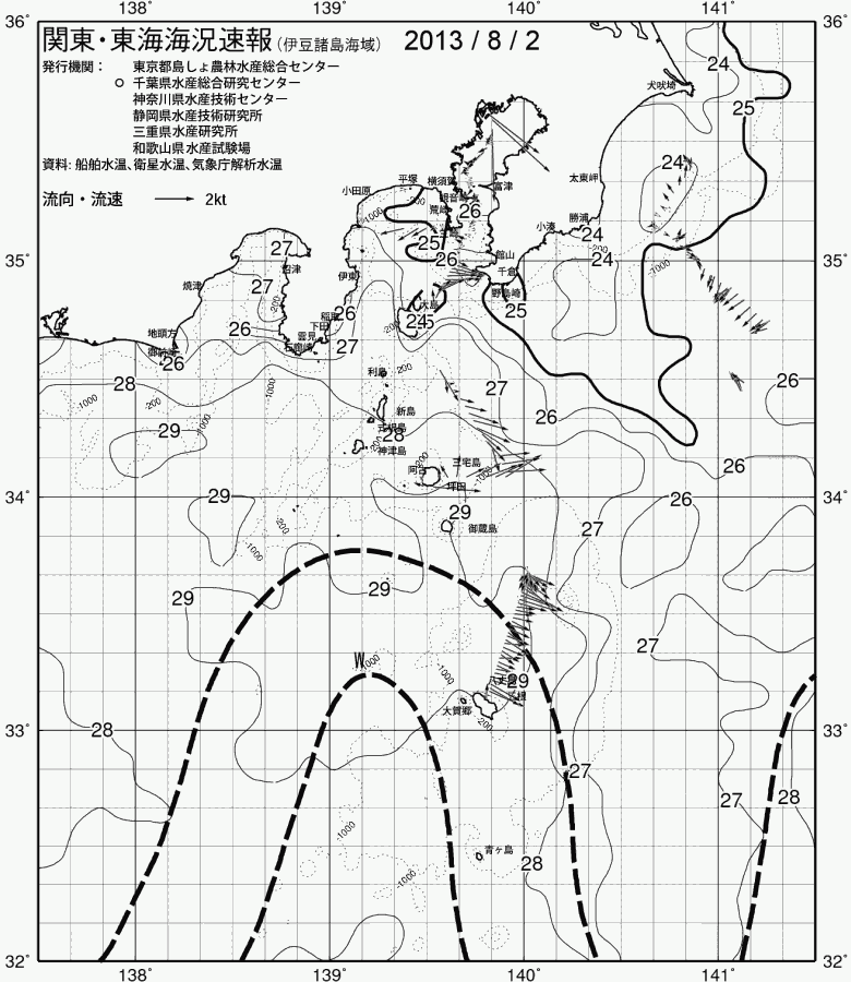 海況図, 関東・東海海況速報/伊豆諸島海域 検索結果, (黒潮, 水温分布, 冷水域, 暖水波及 等を図示)