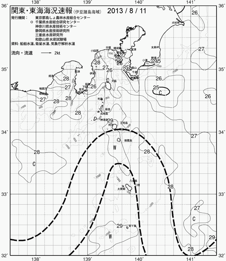 海況図, 関東・東海海況速報/伊豆諸島海域 検索結果, (黒潮, 水温分布, 冷水域, 暖水波及 等を図示)