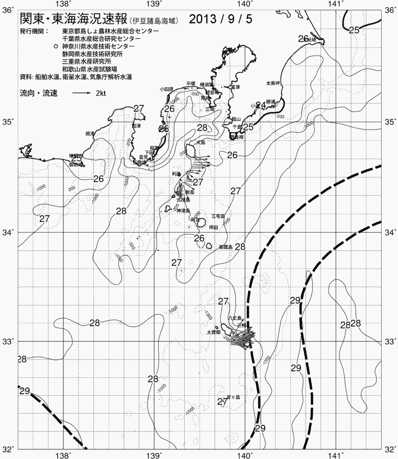 海況図, 関東・東海海況速報/伊豆諸島海域 検索結果, (黒潮, 水温分布, 冷水域, 暖水波及 等を図示)