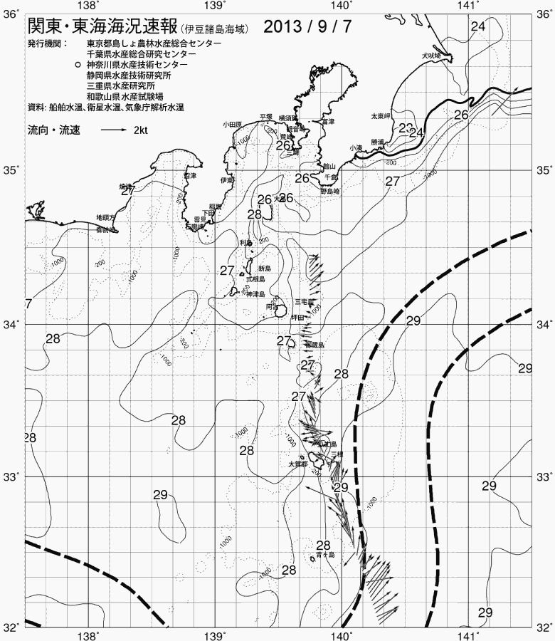 海況図, 関東・東海海況速報/伊豆諸島海域 検索結果, (黒潮, 水温分布, 冷水域, 暖水波及 等を図示)